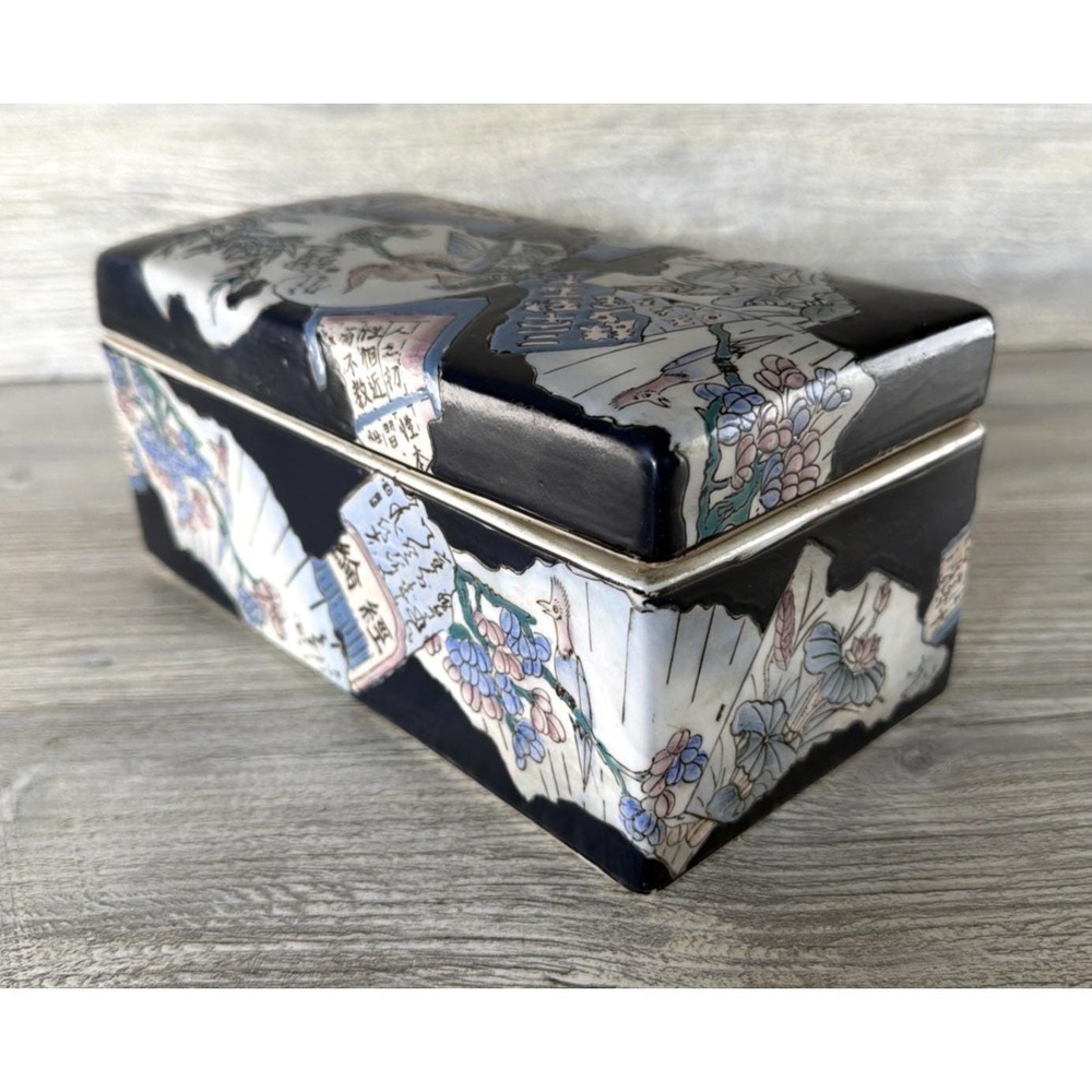 Vtg Asian Macau Jewelry Oblong Dresser Trinket Box Porcelain Hand Painted 50's